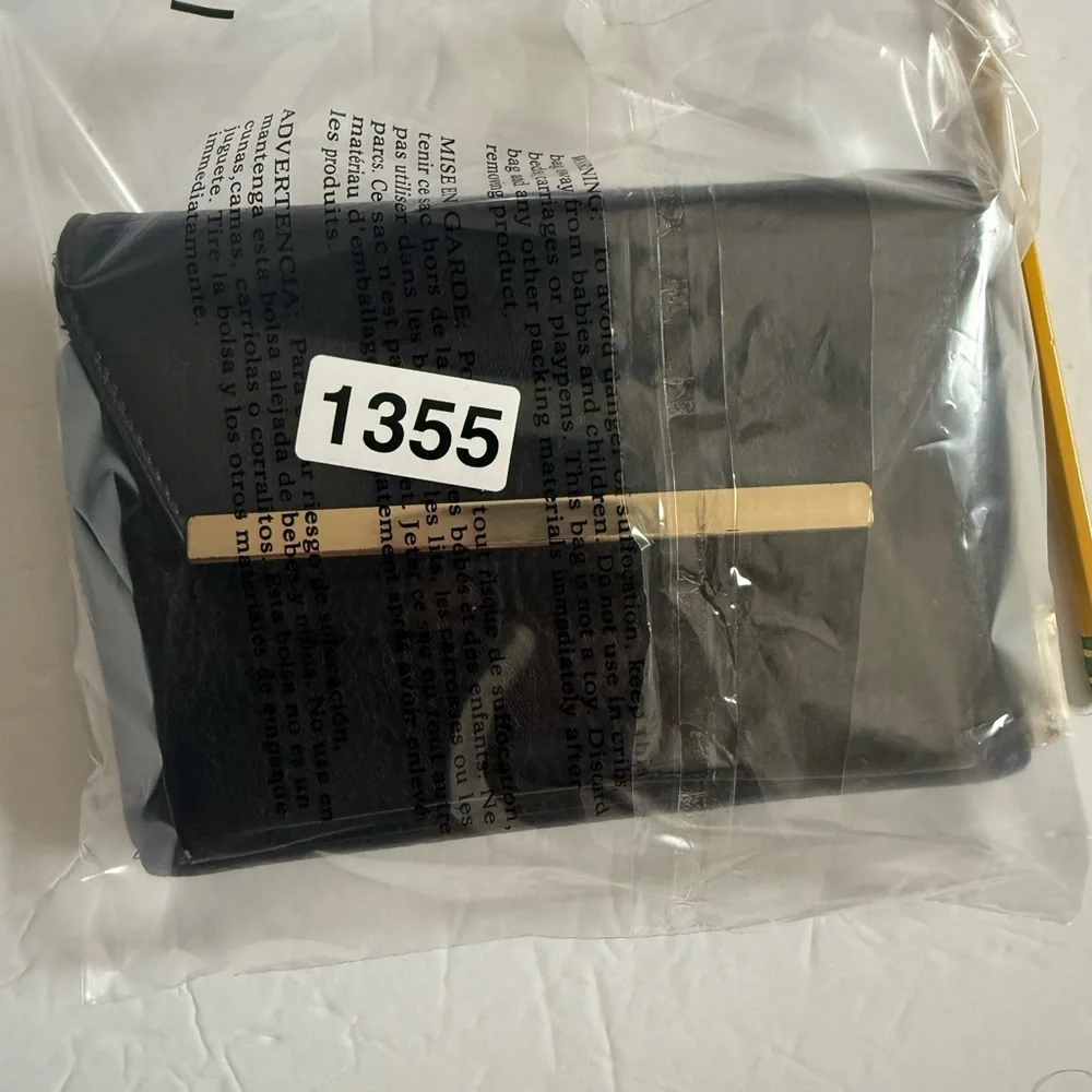 Black Leather Modern Wristlet Clutch Purse